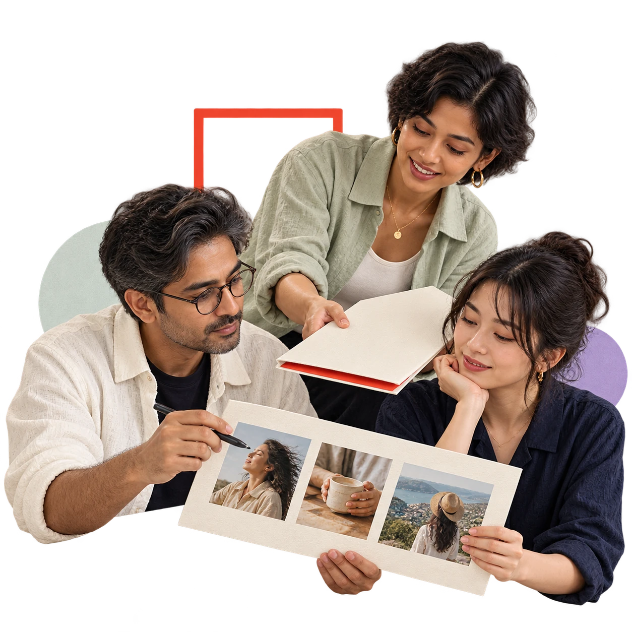 An agency art director, producer and colleague reviewing a creator storyboard.