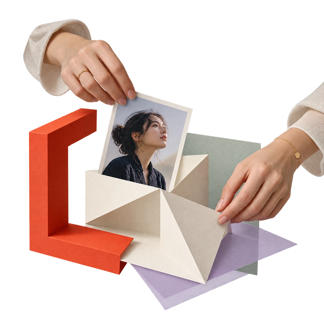 Hands considering a folded paper structure beside a creator portrait.