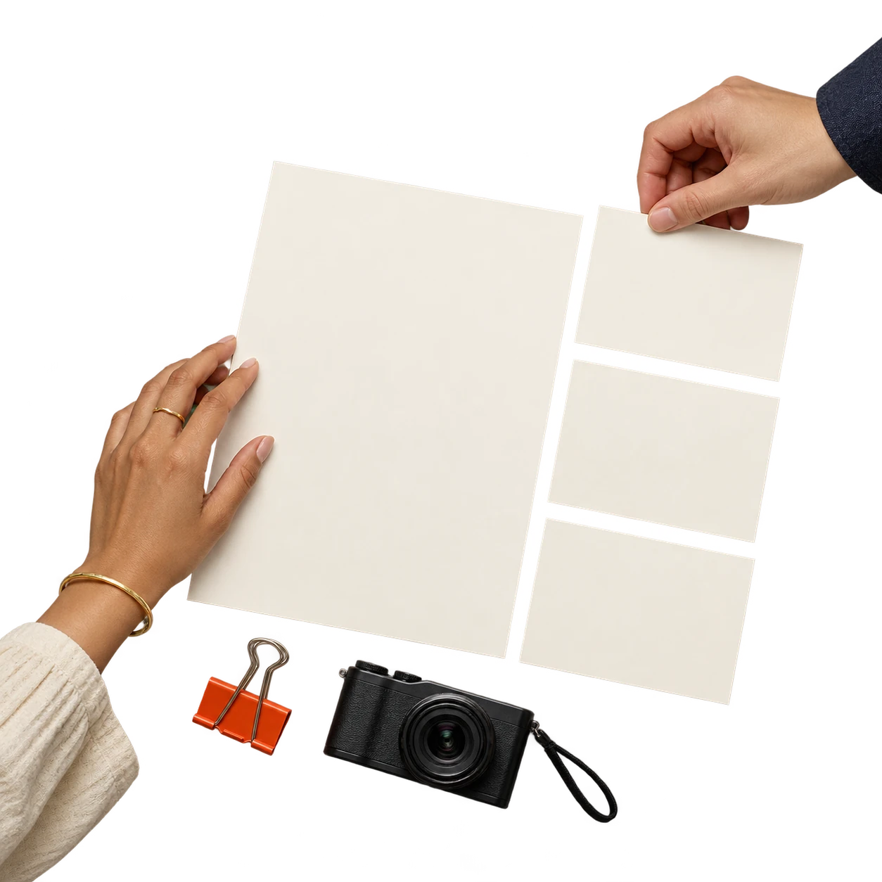 Hands arranging a blank campaign opportunity and deliverable cards.