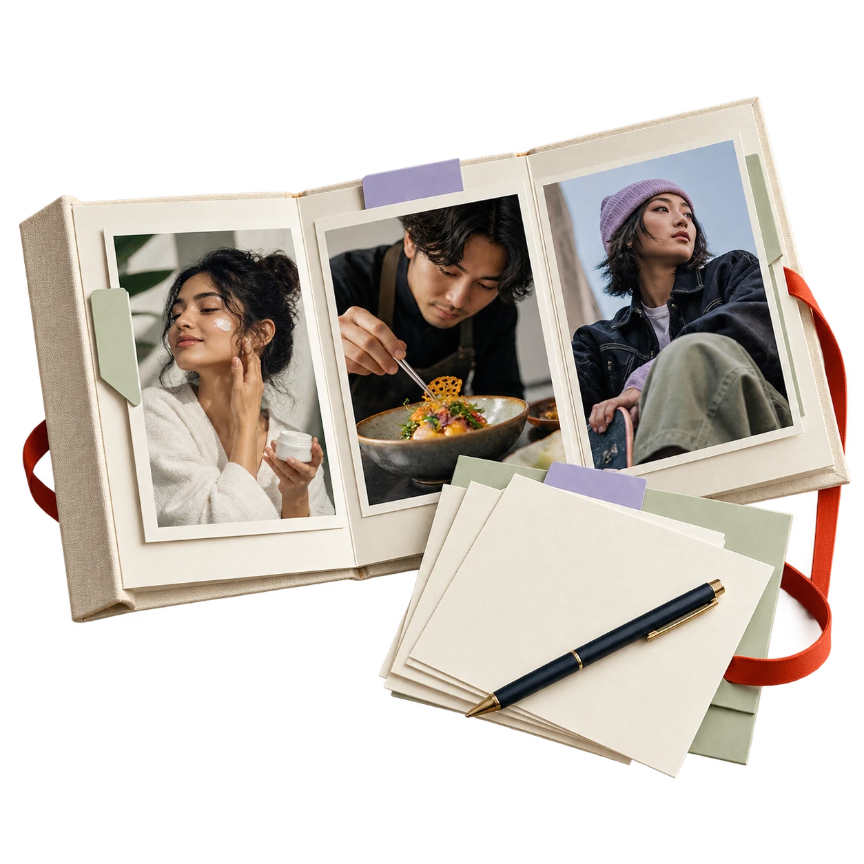 An open folio of creator content prints and campaign delivery cards.