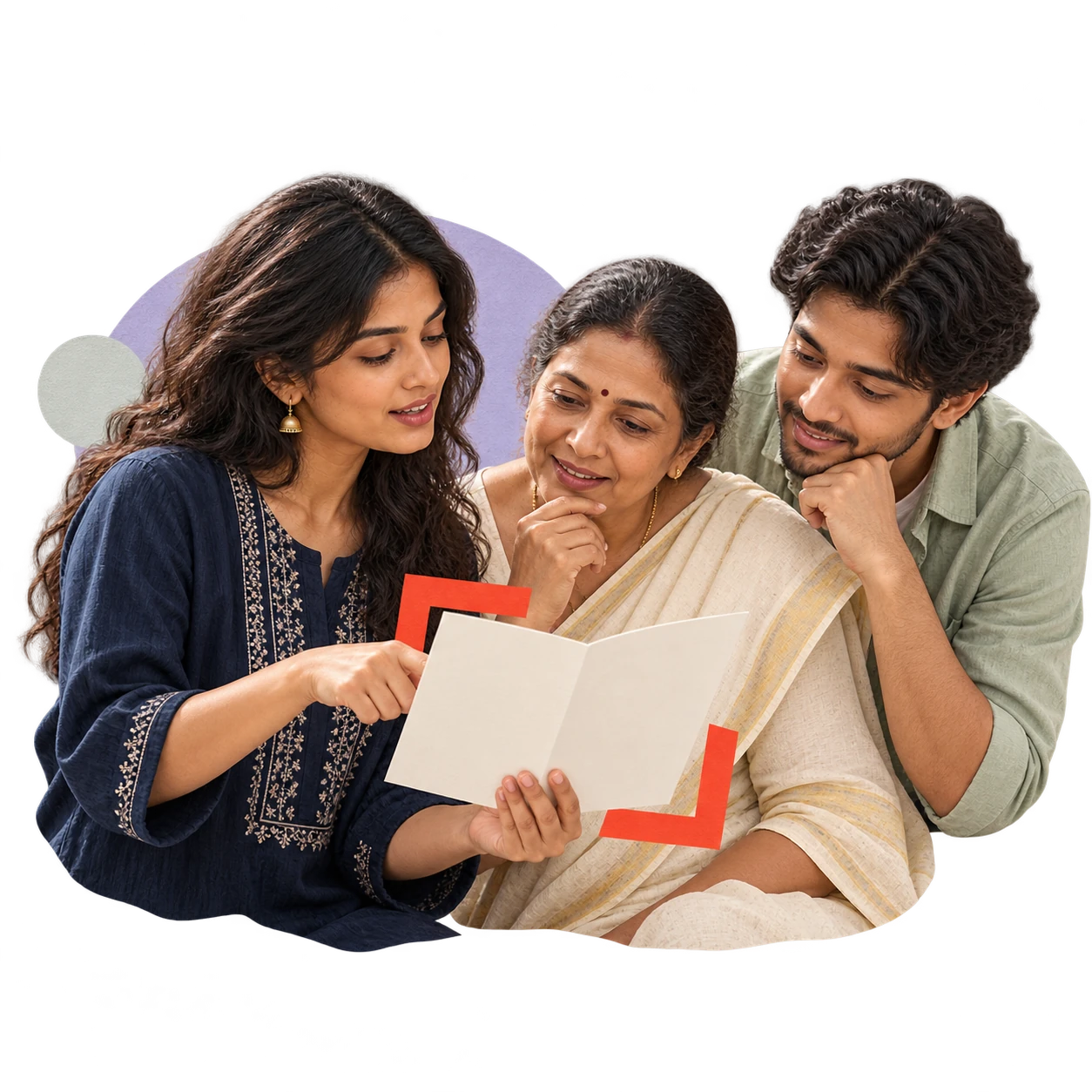 A regional creator explaining a public information leaflet to two community members.