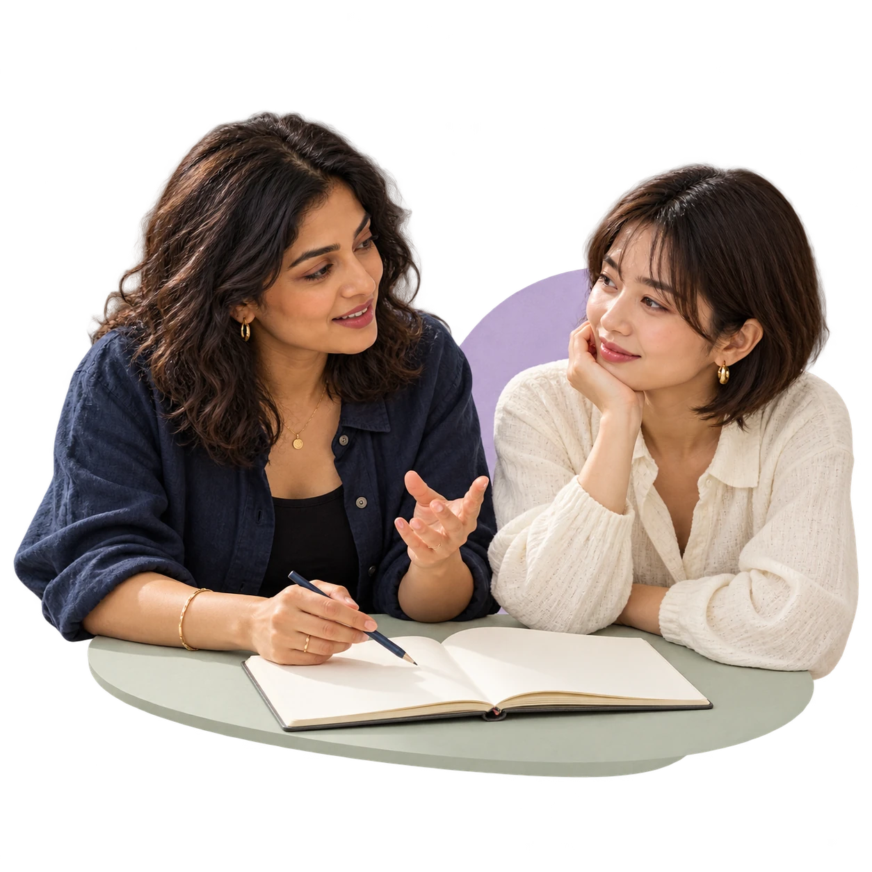 A partnership lead and creative discussing an open notebook.