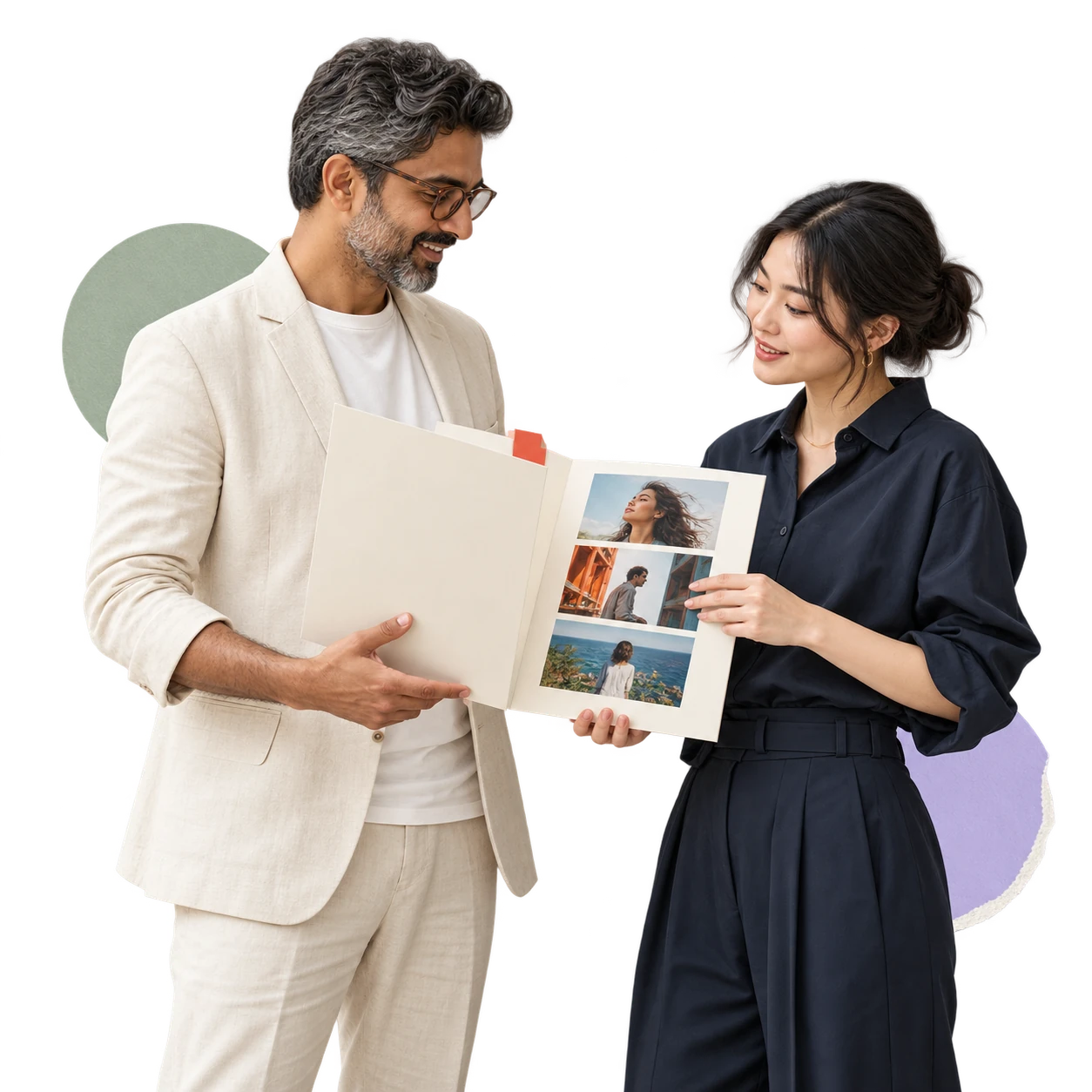 An agency producer and art director handing over a creator campaign folder.