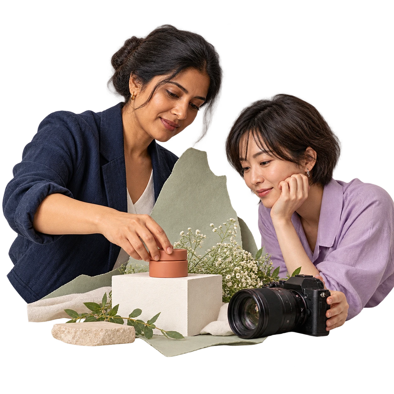 A brand founder and creator styling a product for a campaign.
