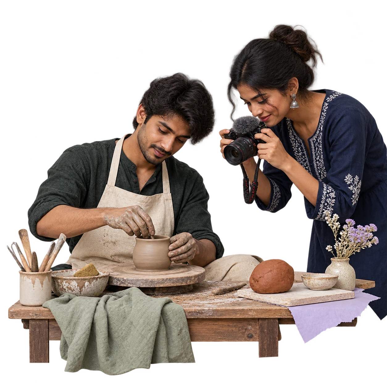 A learner demonstrating a ceramic skill while a local creator films.