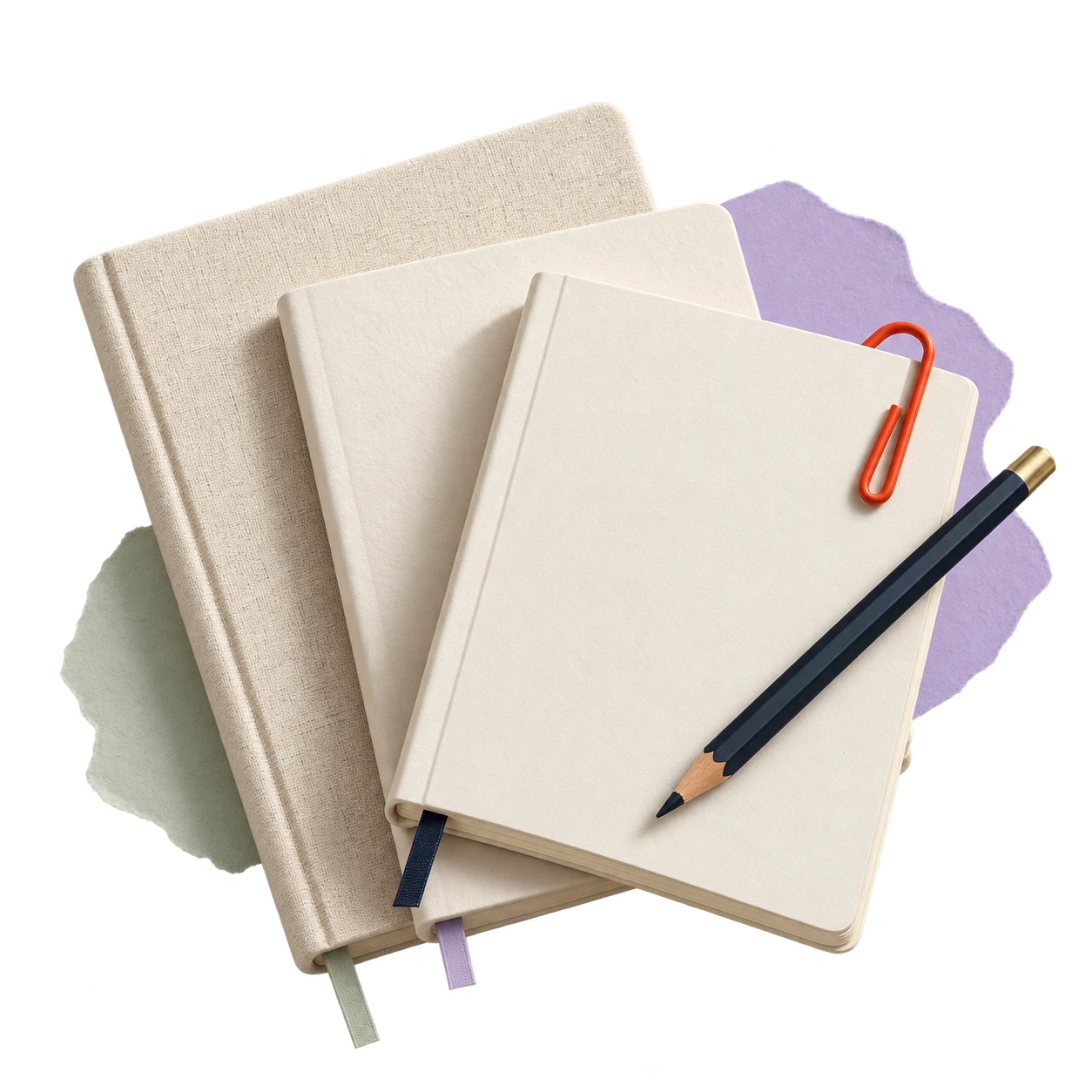 Three ivory planning booklets with a red clip, navy pencil and paper swatches.